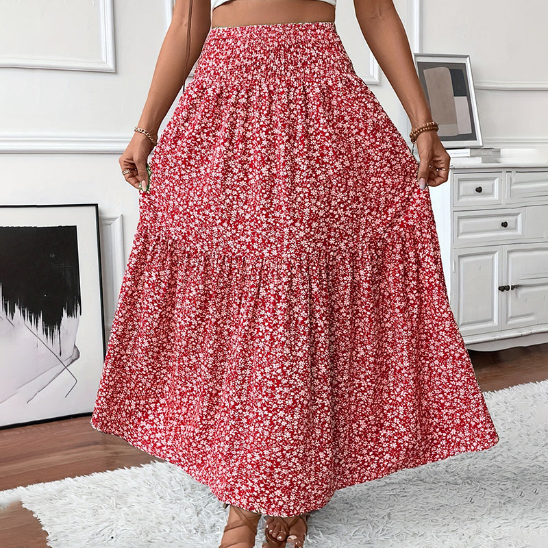 Women’s Boho Floral Maxi Skirt - High Elastic Waist Pleated A-Line Long Skirt - 5