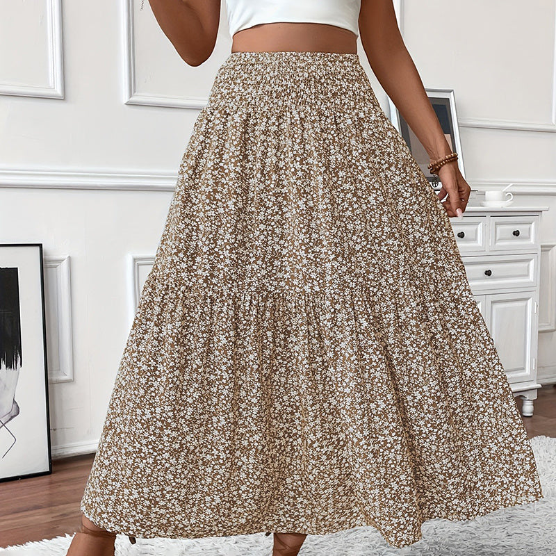Women’s Boho Floral Maxi Skirt - High Elastic Waist Pleated A-Line Long Skirt - 5
