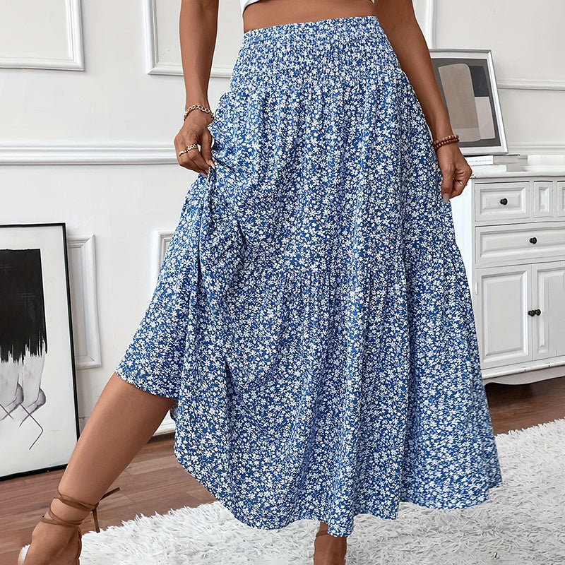 Women’s Boho Floral Maxi Skirt - High Elastic Waist Pleated A-Line Long Skirt - Blue / S - 5