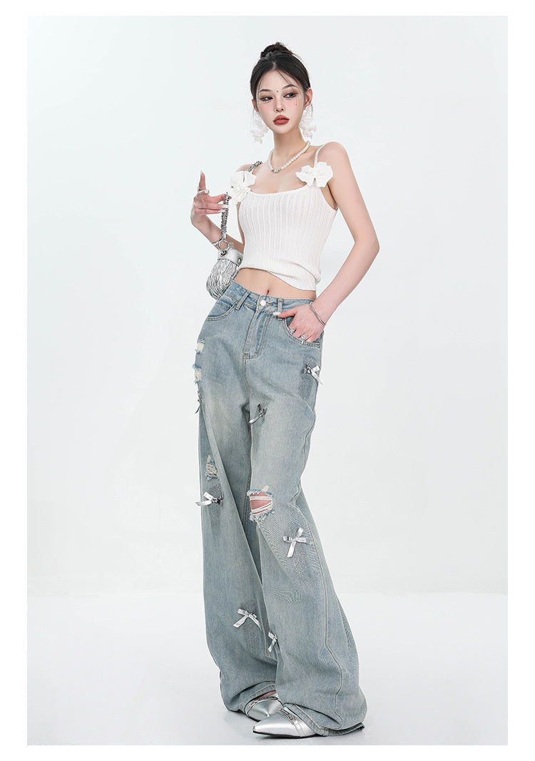 Women’s Bow Wide Leg Retro Ripped Straight Jeans