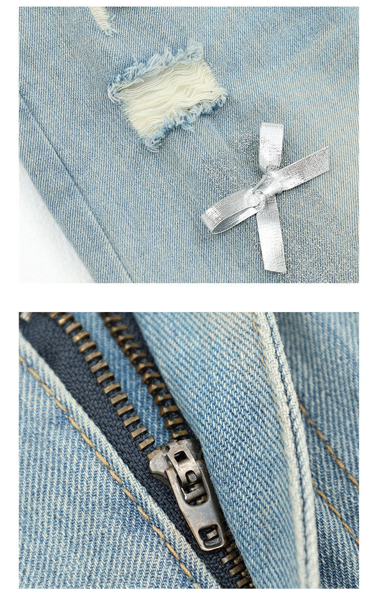 Women’s Bow Wide Leg Retro Ripped Straight Jeans