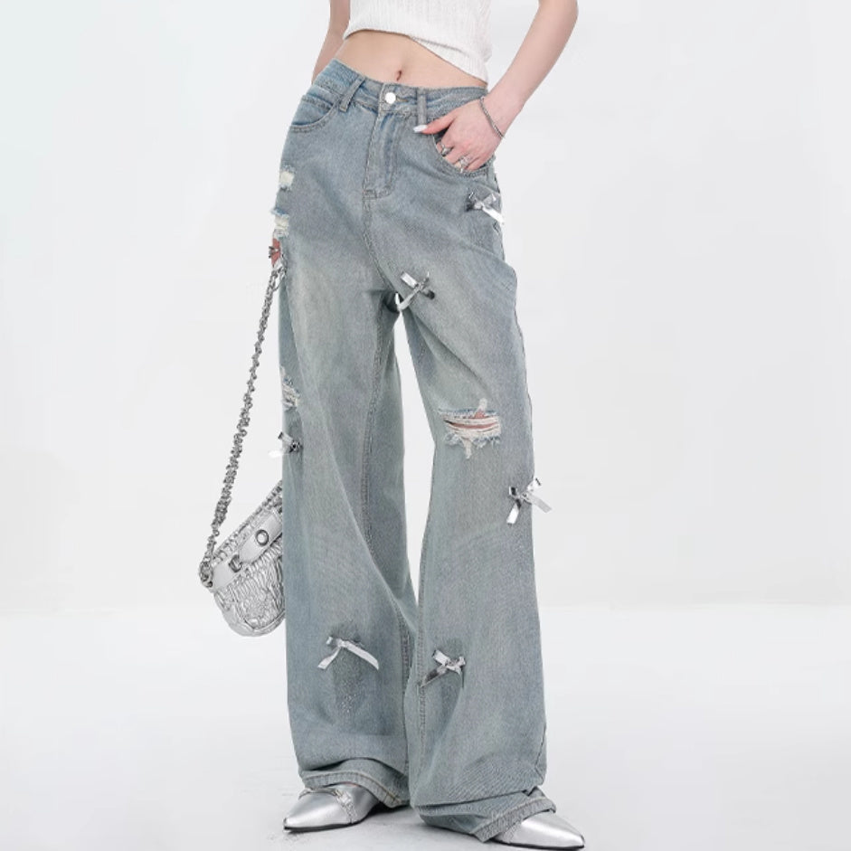 Women’s Bow Wide Leg Retro Ripped Straight Jeans