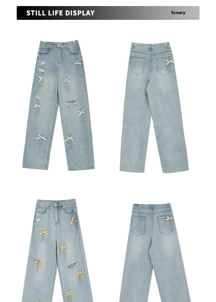 Women’s Bow Wide Leg Retro Ripped Straight Jeans