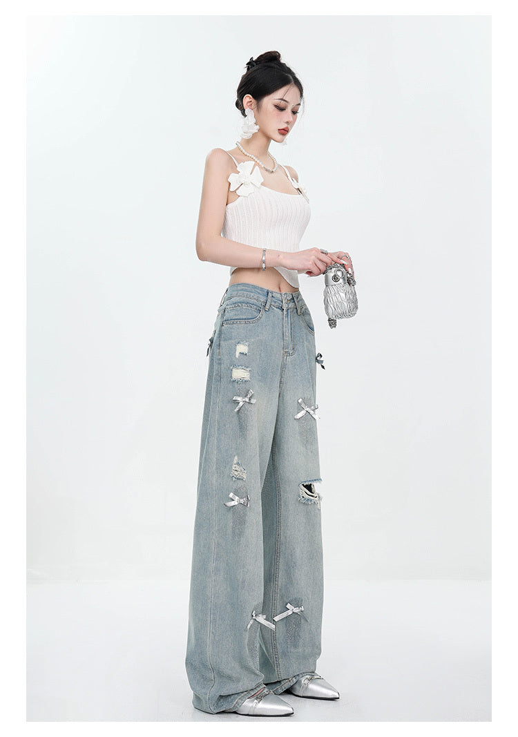 Women’s Bow Wide Leg Retro Ripped Straight Jeans