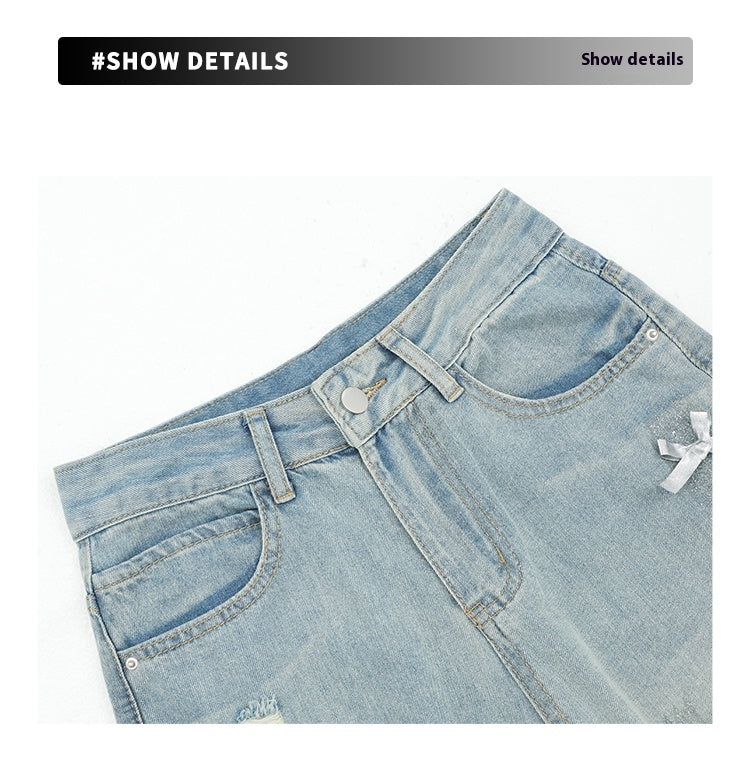 Women’s Bow Wide Leg Retro Ripped Straight Jeans
