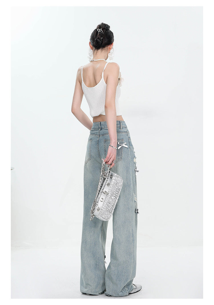 Women’s Bow Wide Leg Retro Ripped Straight Jeans