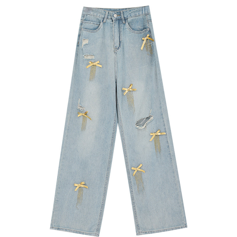 Women’s Bow Wide Leg Retro Ripped Straight Jeans - Gold / S
