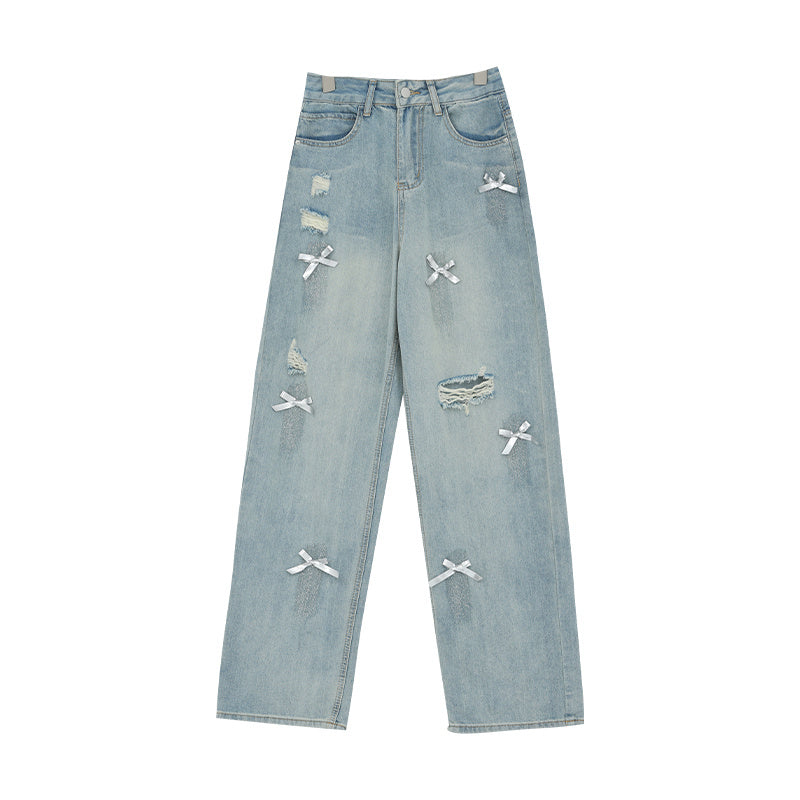 Women’s Bow Wide Leg Retro Ripped Straight Jeans - Silver / S