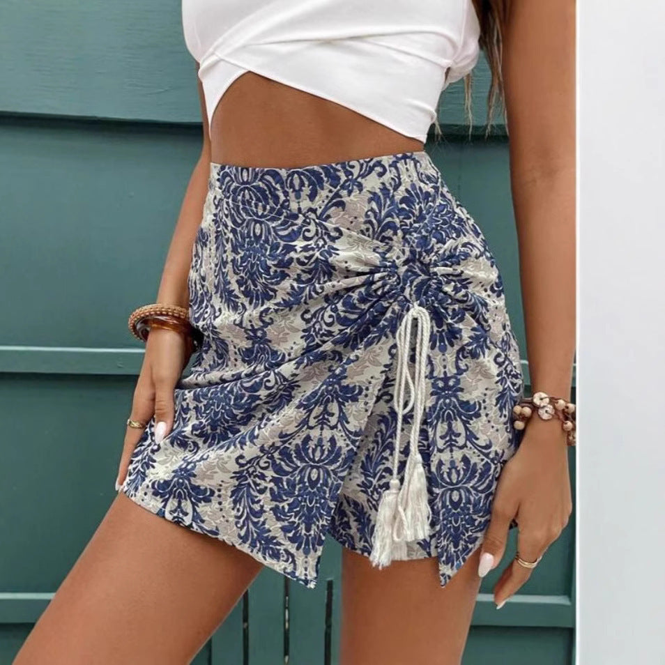 Women’s Casual Retro Pattern Wrap Shorts
