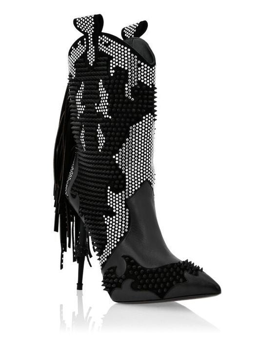 Women’s Colorblock Hot Drill Pointed Toe Fringe Fashion Short Boots