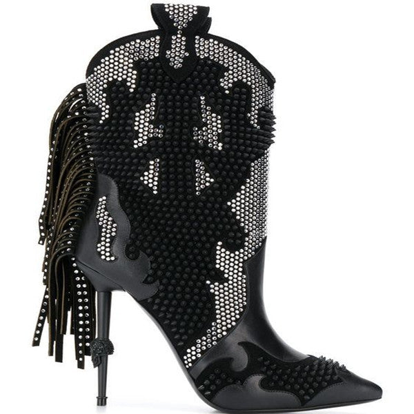 Women’s Colorblock Hot Drill Pointed Toe Fringe Fashion Short Boots - Black / 35