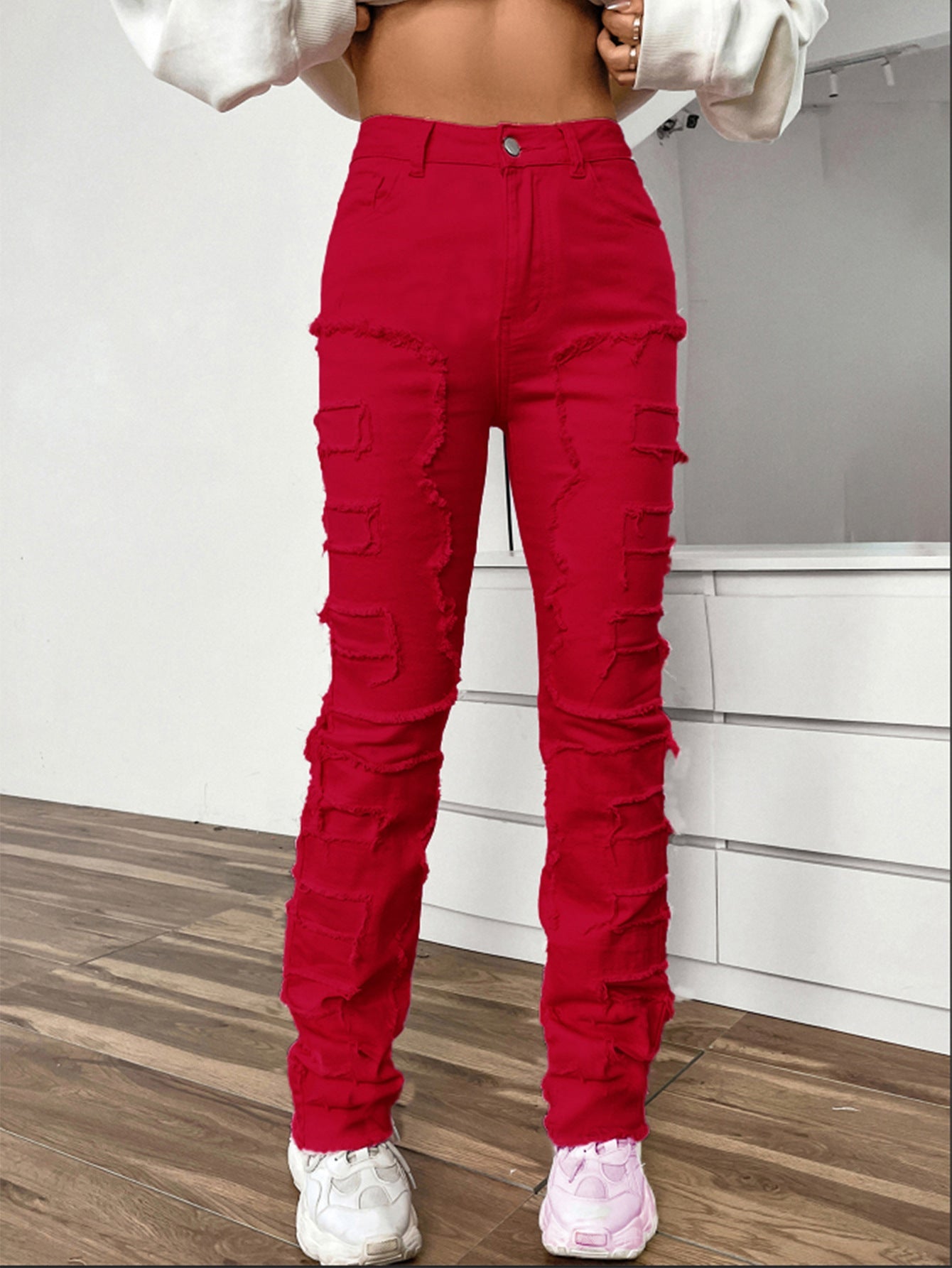 Women’s Embroidered Straight-leg Pants Fashion I Stretch Patchwork Jeans - Red / S