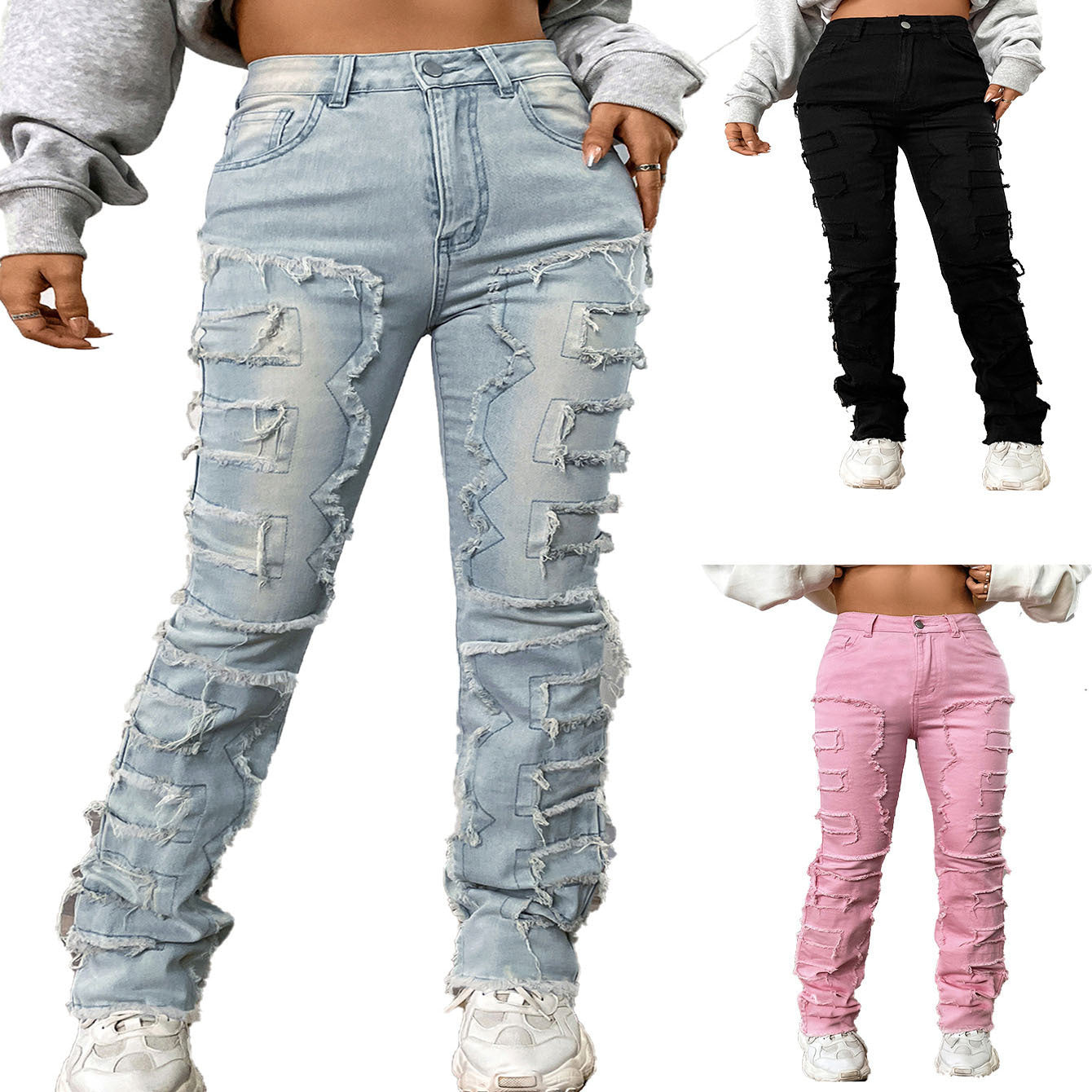 Women’s Embroidered Straight-leg Pants Fashion I Stretch Patchwork Jeans