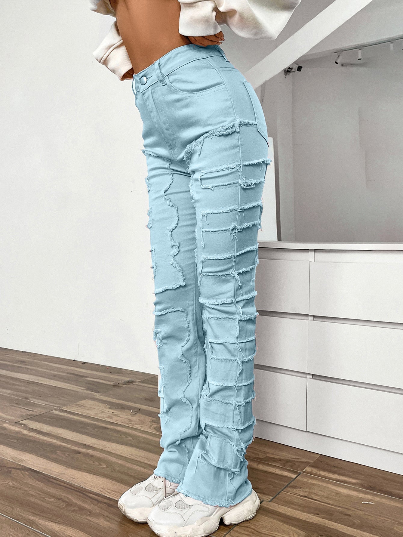 Women’s Embroidered Straight-leg Pants Fashion I Stretch Patchwork Jeans - Azure / S