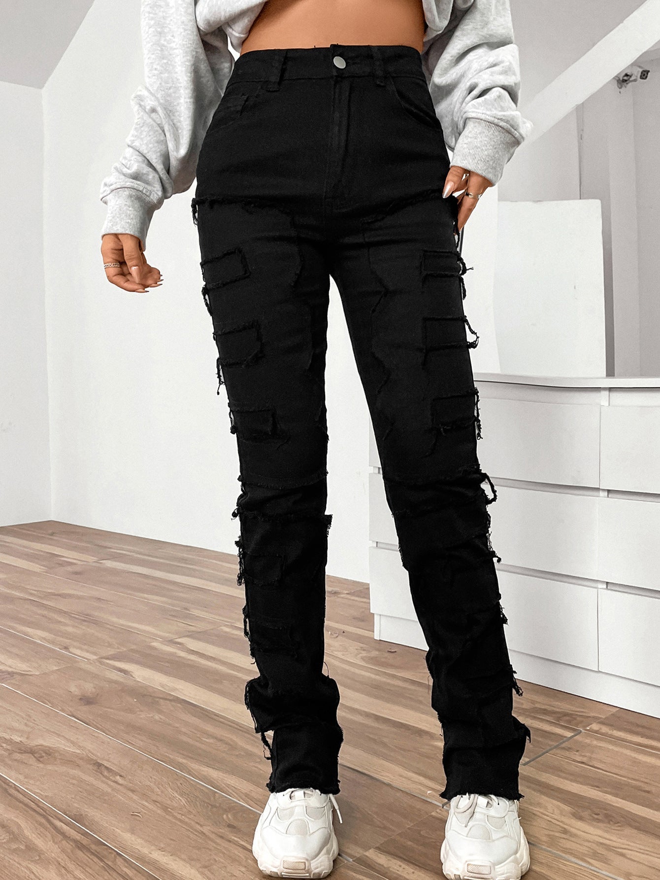 Women’s Embroidered Straight-leg Pants Fashion I Stretch Patchwork Jeans - Black / S