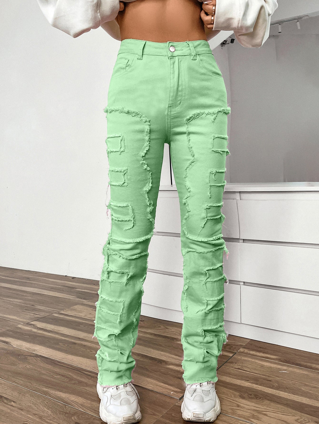 Women’s Embroidered Straight-leg Pants Fashion I Stretch Patchwork Jeans - Light Green / S