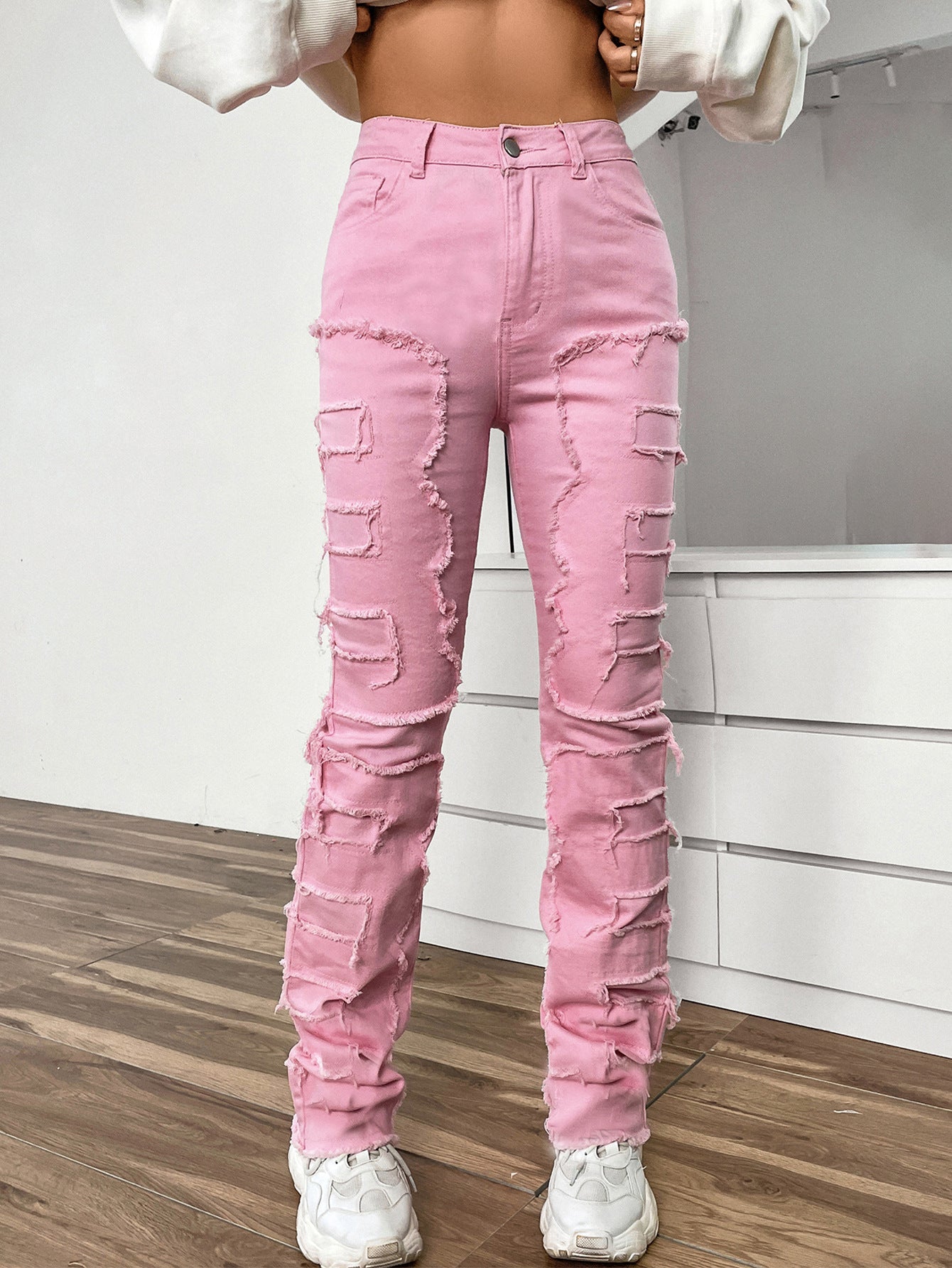 Women’s Embroidered Straight-leg Pants Fashion I Stretch Patchwork Jeans - Pink / S