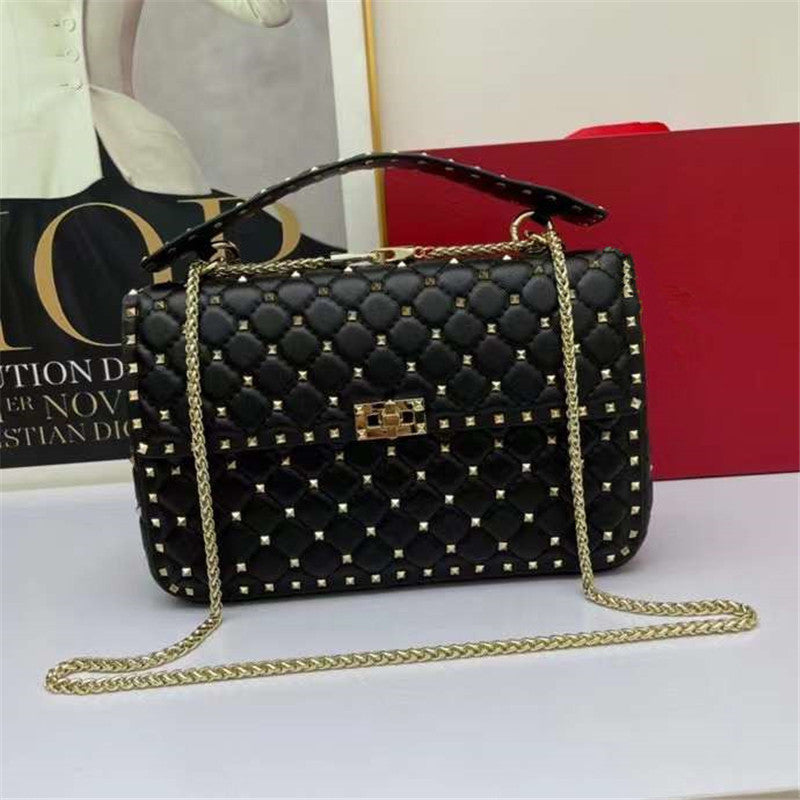 Women’s Fashion Sheepskin Diamond Studded Small Square Bag - Black