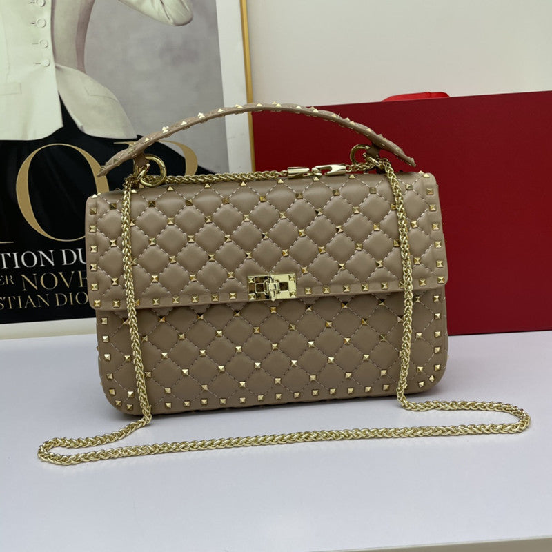 Women’s Fashion Sheepskin Diamond Studded Small Square Bag - Khaki