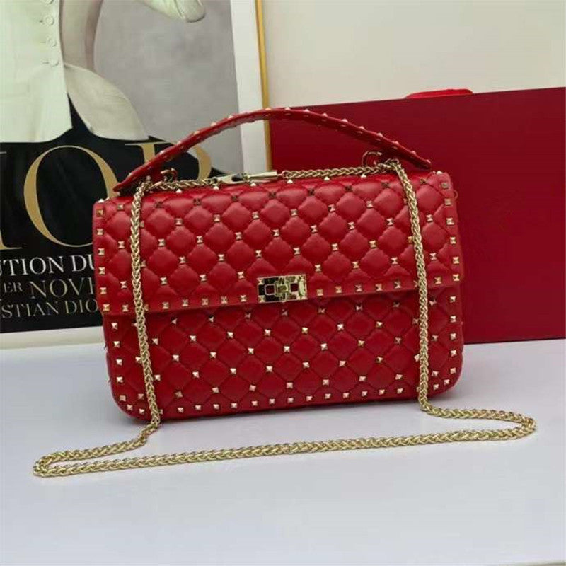 Women’s Fashion Sheepskin Diamond Studded Small Square Bag - Red