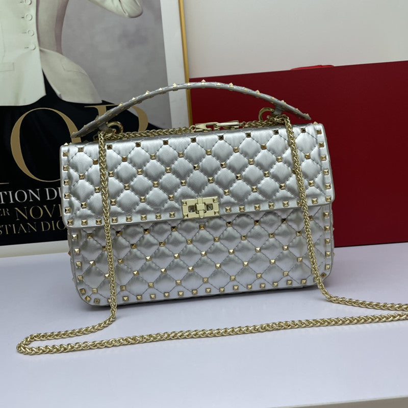 Women’s Fashion Sheepskin Diamond Studded Small Square Bag - Silver