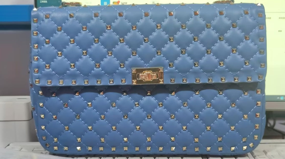Women’s Fashion Sheepskin Diamond Studded Small Square Bag - Sky Blue