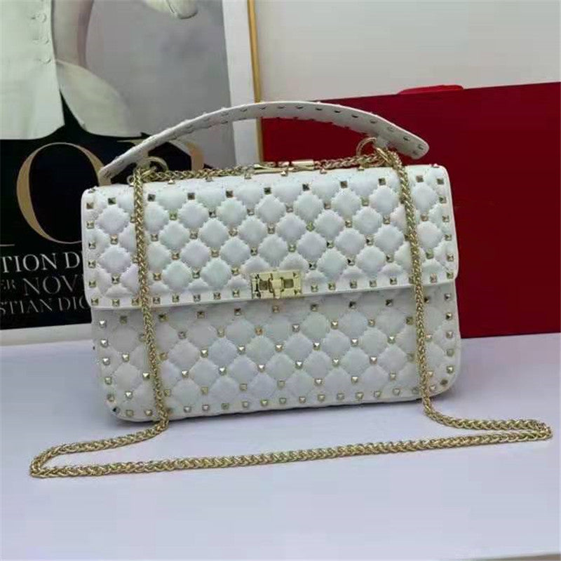 Women’s Fashion Sheepskin Diamond Studded Small Square Bag - White