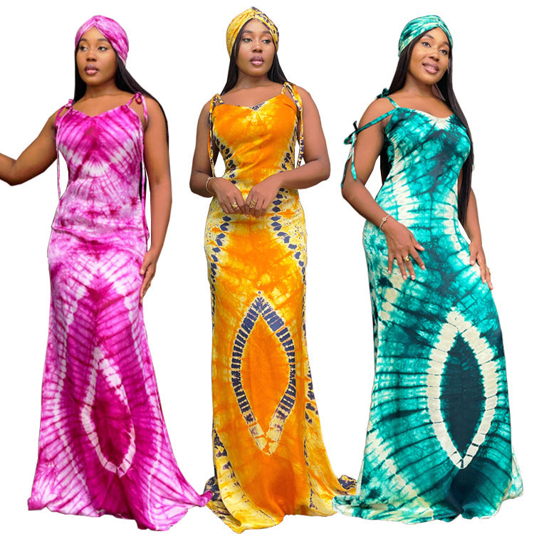 Women’s Fashionable Printed Suspenders Slim Fit Long Dress Long Dress Scarf