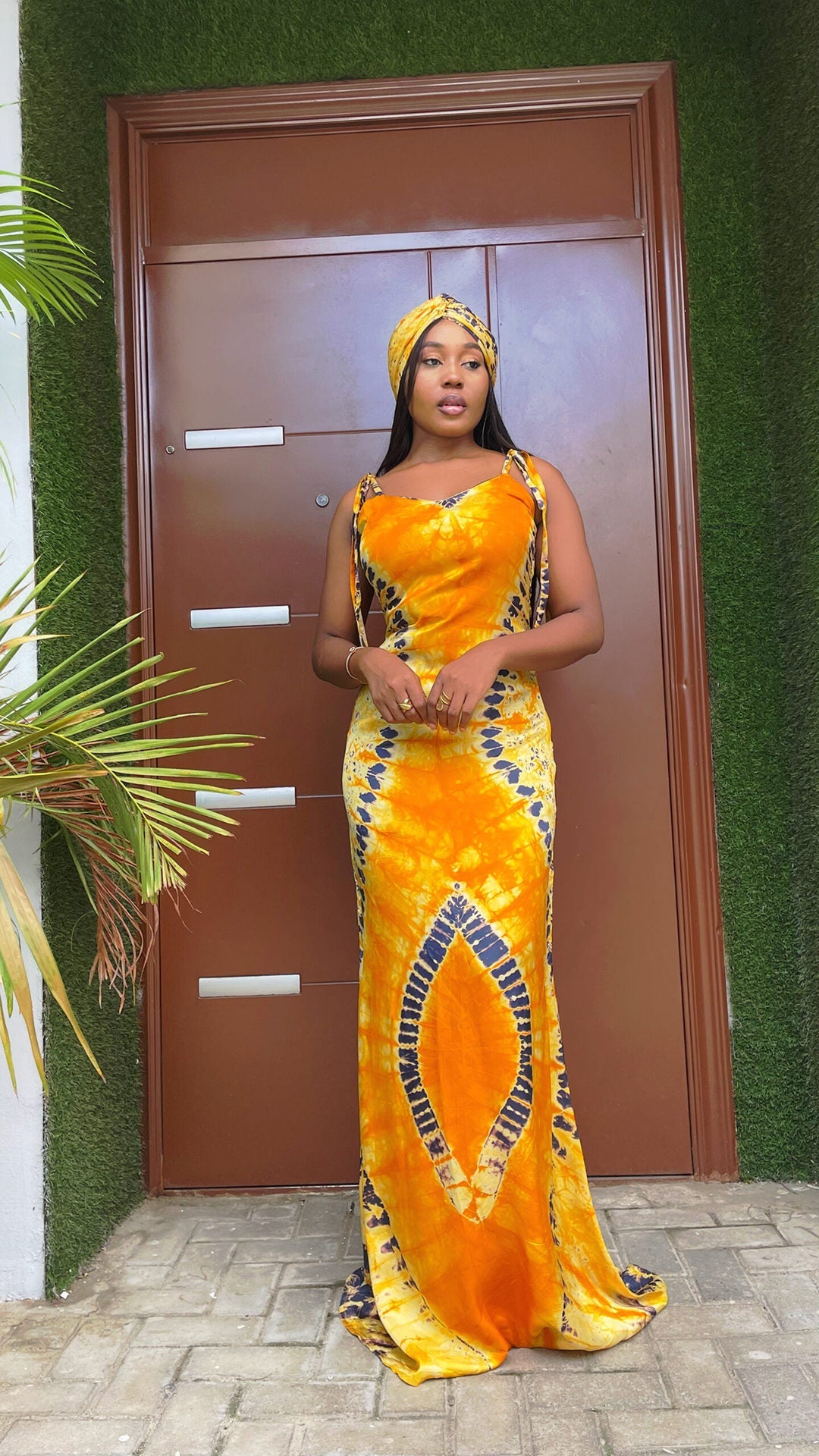 Women’s Fashionable Printed Suspenders Slim Fit Long Dress Long Dress Scarf - Orange / S