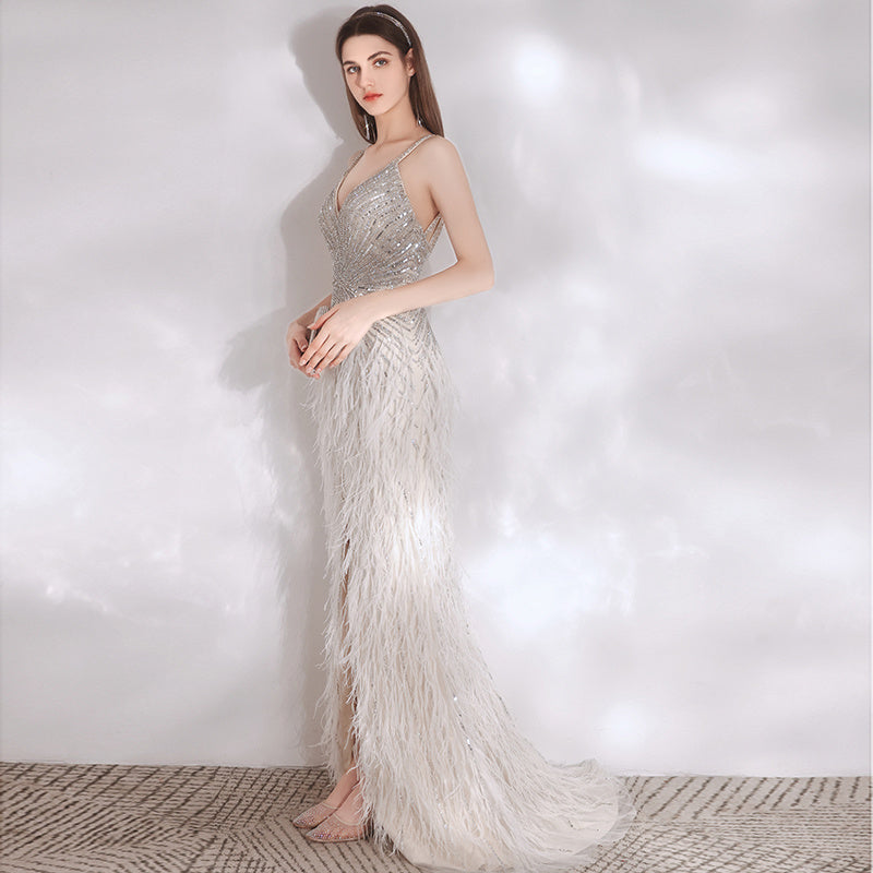 Women’s Feather Temperament High End Evening Dress - Champagne / S