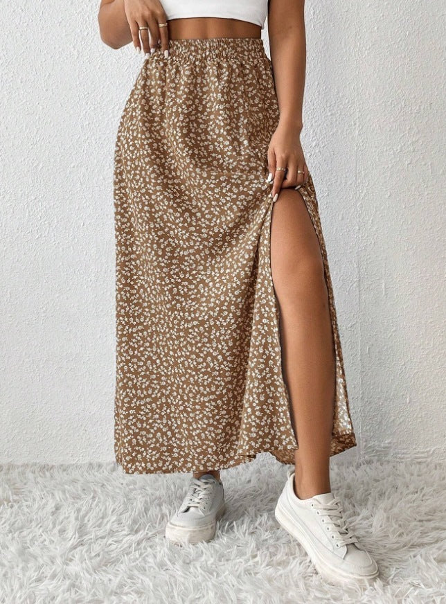 Women’s Floral Split High Waist Printed Skirt - Dark Brown / S