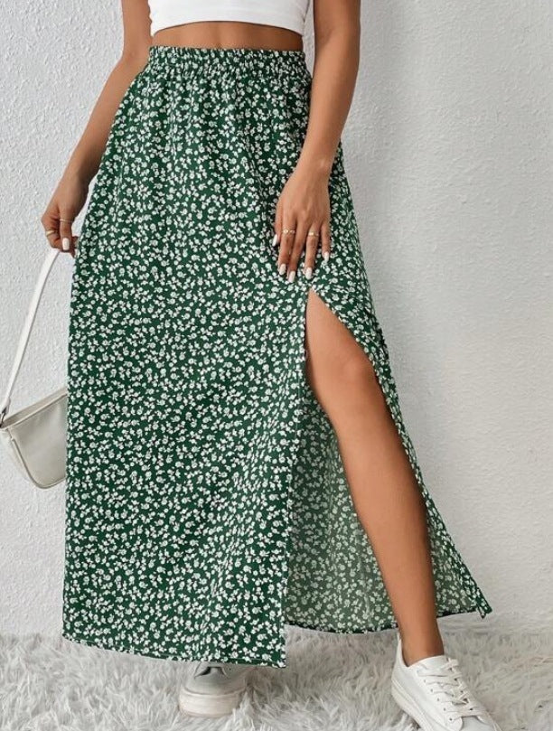 Women’s Floral Split High Waist Printed Skirt - Green / S