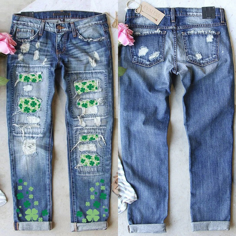 Women’s Four-leaf Clover Printed Patch Ripped Jeans