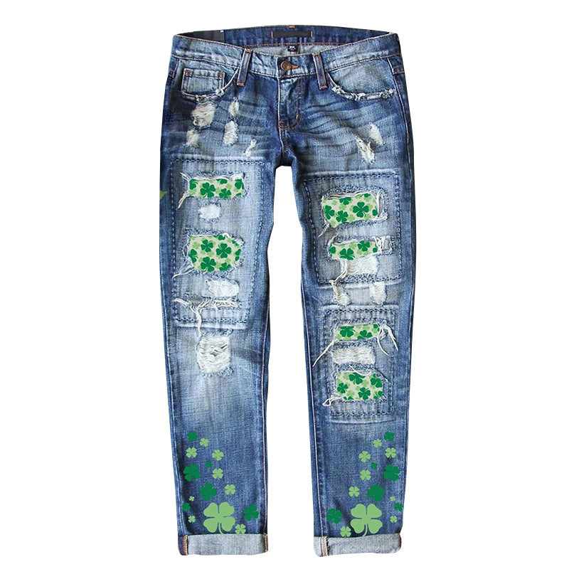 Women’s Four-leaf Clover Printed Patch Ripped Jeans