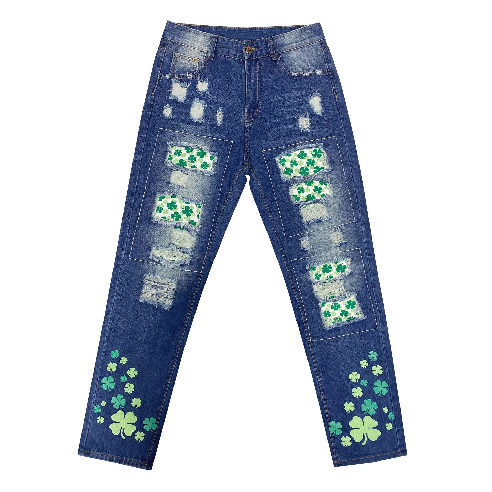 Women’s Four-leaf Clover Printed Patch Ripped Jeans