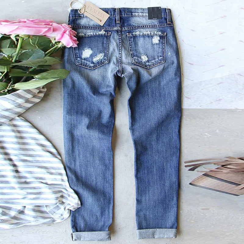 Women’s Four-leaf Clover Printed Patch Ripped Jeans