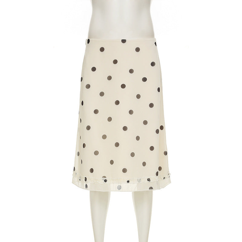 Women’s French-style Color Matching Polka Dot Side Zipper Pleated Hip Skirt