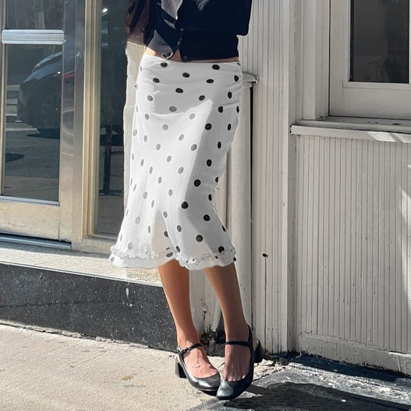 Women’s French-style Color Matching Polka Dot Side Zipper Pleated Hip Skirt