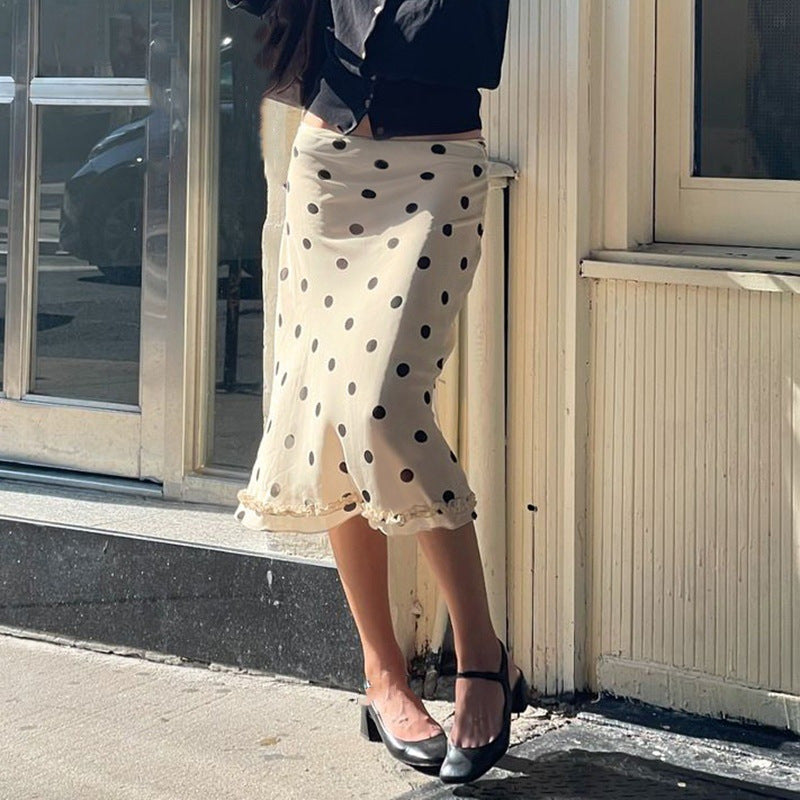 Women’s French-style Color Matching Polka Dot Side Zipper Pleated Hip Skirt
