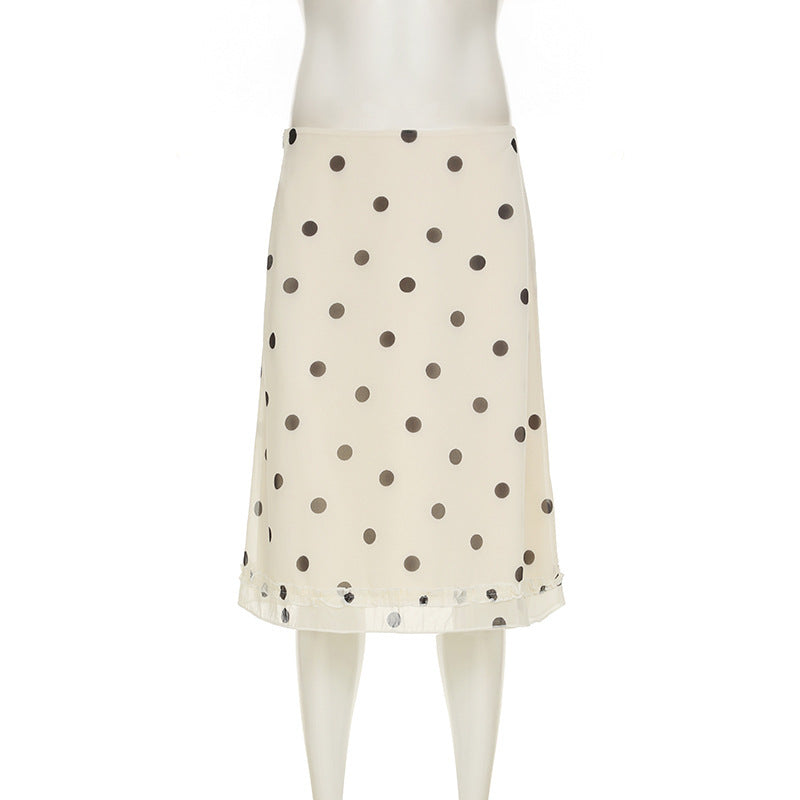 Women’s French-style Color Matching Polka Dot Side Zipper Pleated Hip Skirt - Skin Color / S