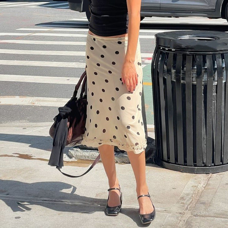 Women’s French-style Color Matching Polka Dot Side Zipper Pleated Hip Skirt