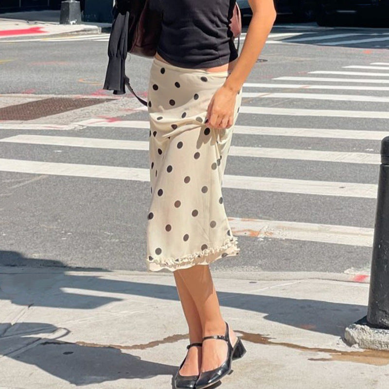 Women’s French-style Color Matching Polka Dot Side Zipper Pleated Hip Skirt