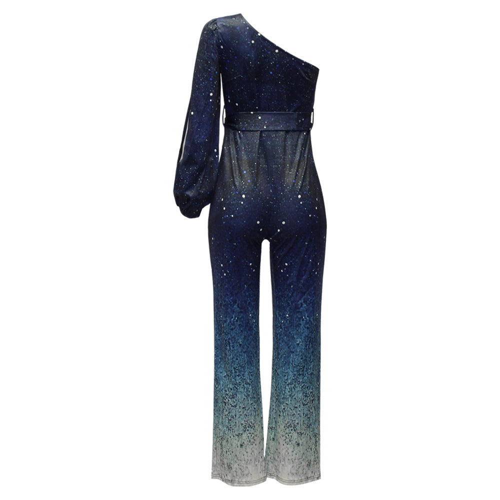 Women’s Gradient Print Diagonal Neck Long Sleeve One Piece Wide Leg Pants - 4