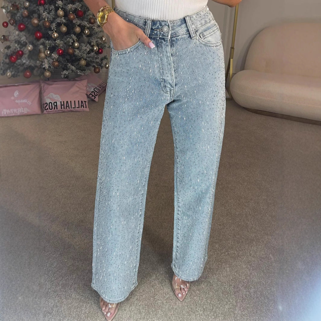 Women’s High-end High Waist Straight Personalized Hot Girl High Street Trousers - Blue / S