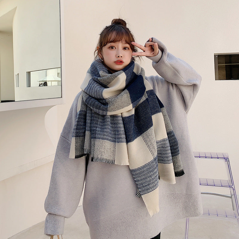 Women’s Japanese-style White And Blue Plaid Scarf - Navy Blue Stripes / 200X70CM