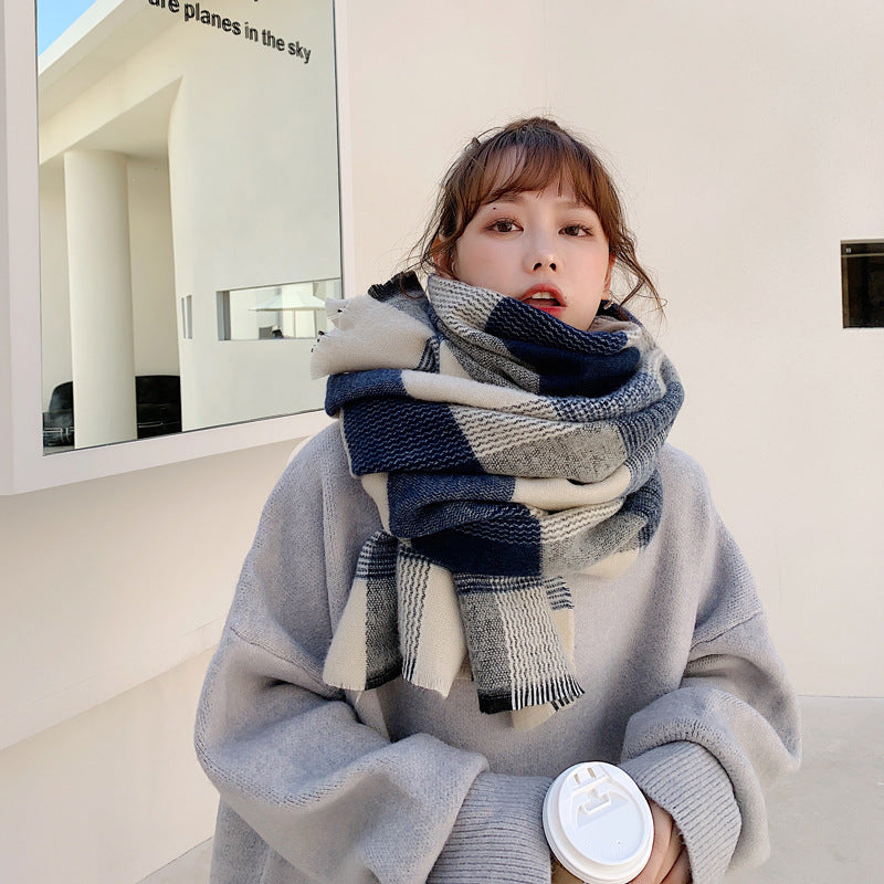 Women’s Japanese-style White And Blue Plaid Scarf - Navy Blue Stripes / 200X70CM