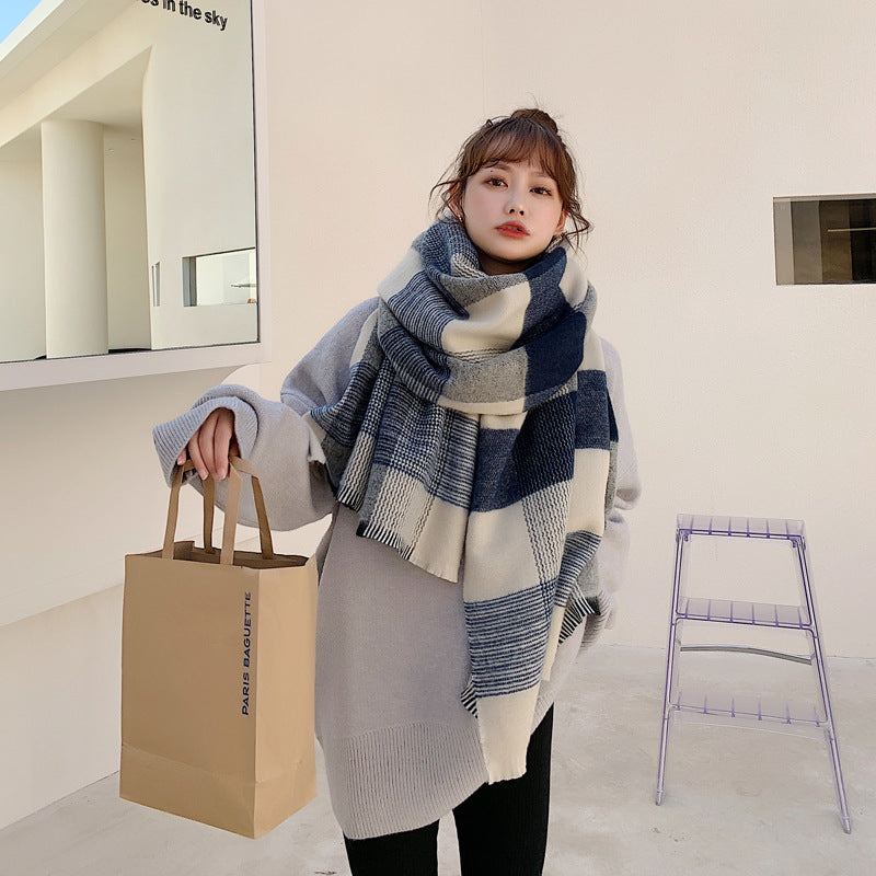 Women’s Japanese-style White And Blue Plaid Scarf - Navy Blue Stripes / 200X70CM
