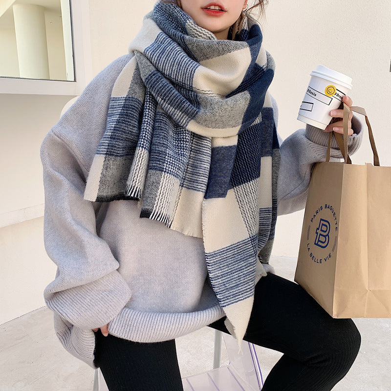 Women’s Japanese-style White And Blue Plaid Scarf - Navy Blue Stripes / 200X70CM