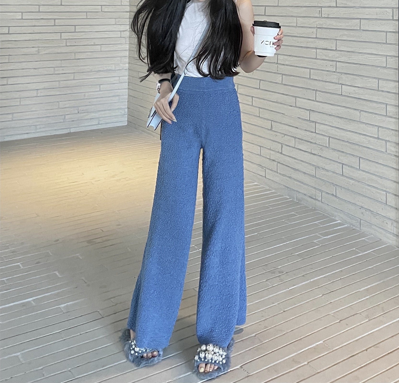 Women’s Knitted Wool Drape Wide Leg Pants - Denim Blue / S