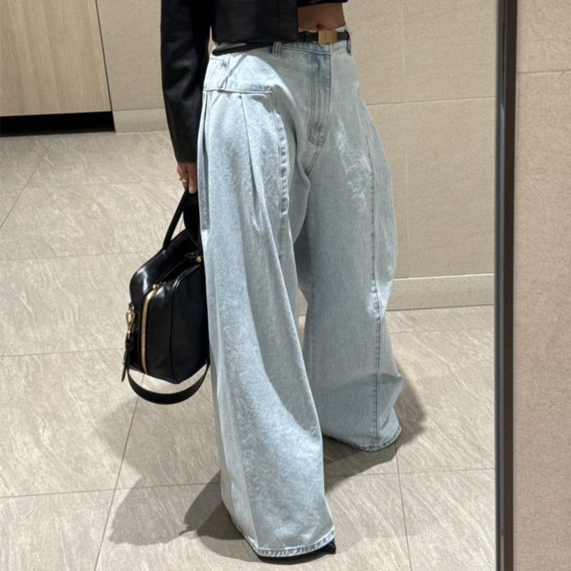 Women’s Korean-style Temperament High Waist Pleated Stitching Wide-leg Jeans